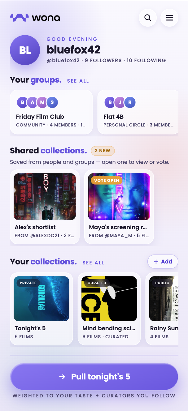 Your collections and groups in Wona